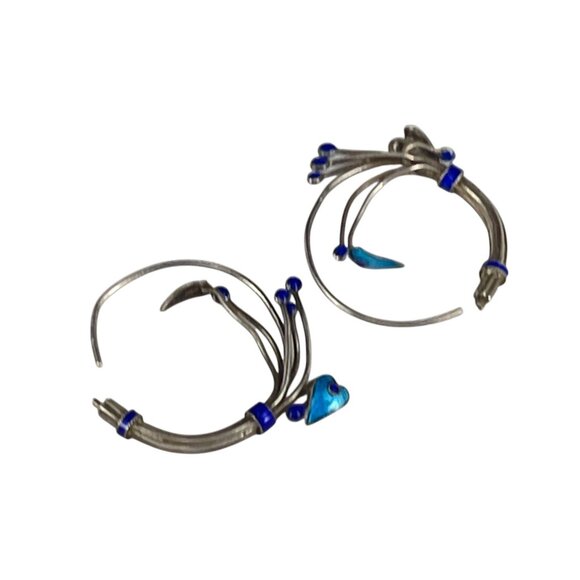 Vintage Silver & Blue Artistic Enamel Hoop Earrings With Abstract Design Tribal - Picture 4 of 10